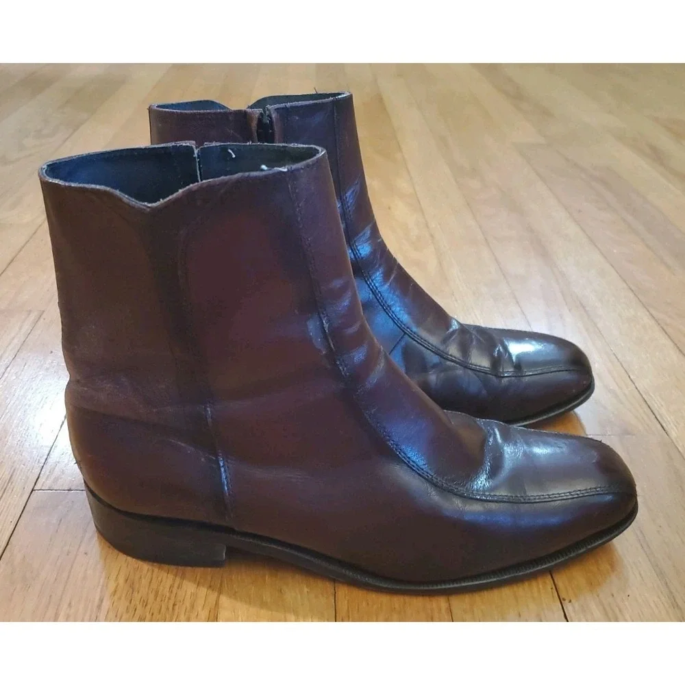 Florsheim Mens Burgundy Leather Side Zip Ankle Boots Square Toe 10.5 D 11087-05